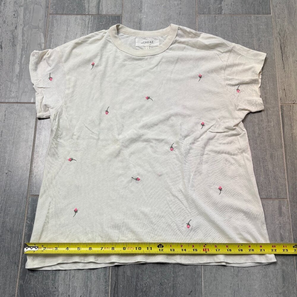THE GREAT. Floral Embroidered Boxy Short Sleeve Crewneck Tee Cream Size 1/Medium - Picture 8 of 12